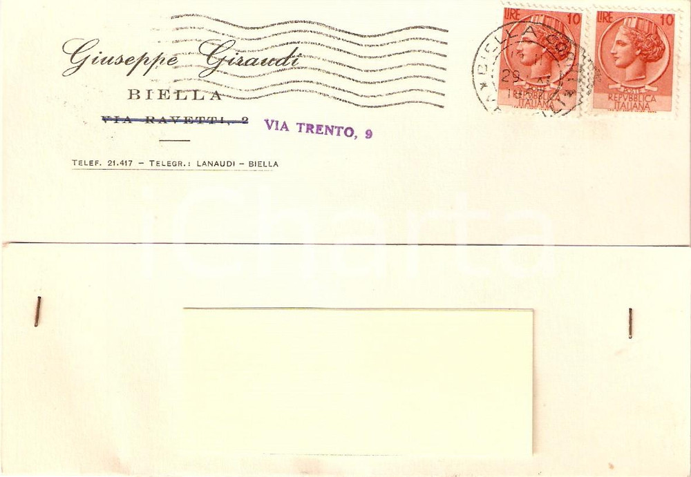 Cartolina originale da collezione 1957 BIELLA Ditta Giuseppe GIRAUDI *Cartolina Commerciale 1