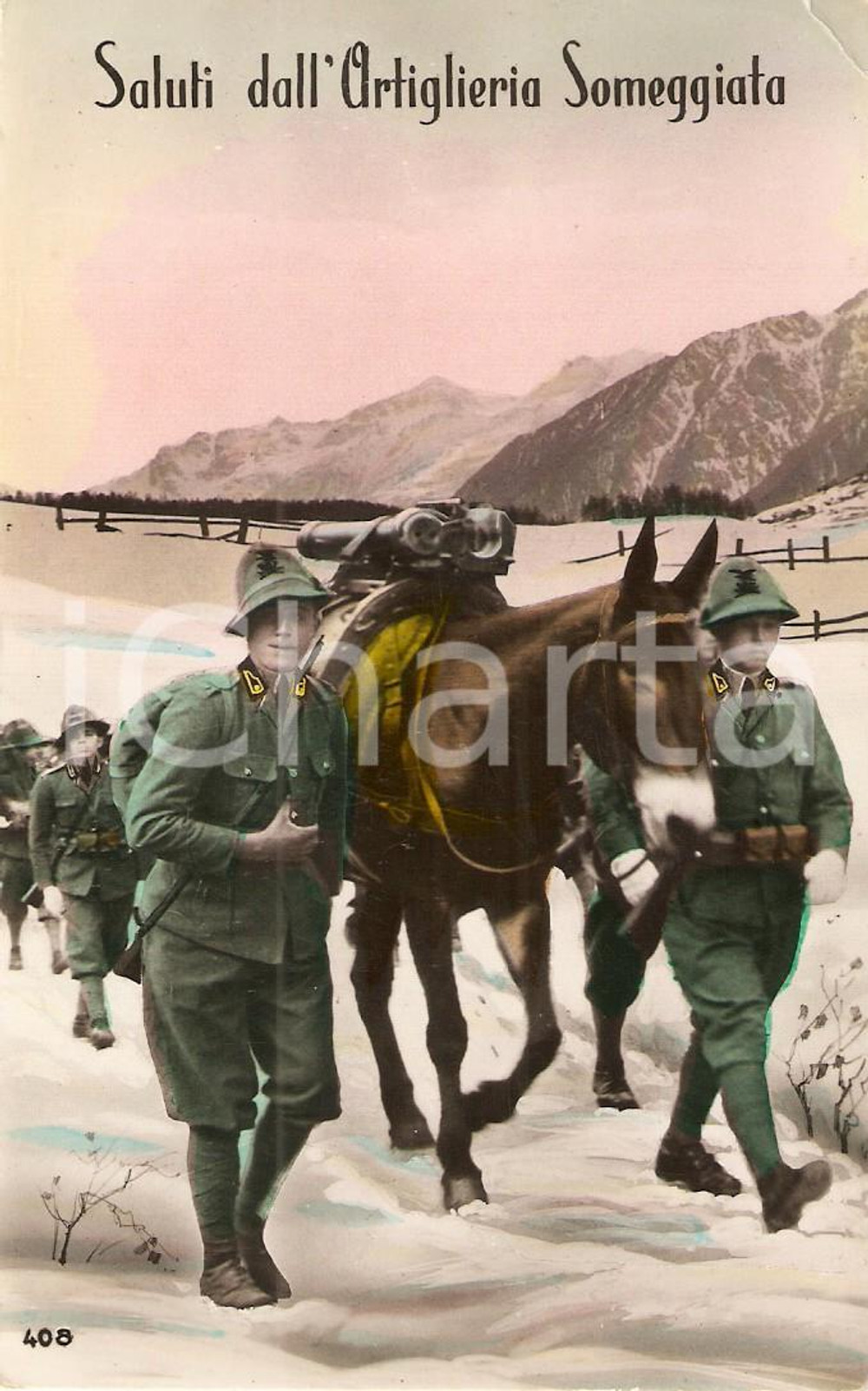 Cartolina originale da collezione 1940 WW2 PROPAGANDA DI GUERRA Saluti da artiglieria someggiata ALPINI *Cartolina 1