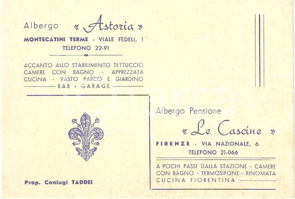 Oggetto da collezione cartaceo 1950 ca  FIRENZE Albergo Cascine MONTECATINI TERME Albergo Astoria *Biglietto 1