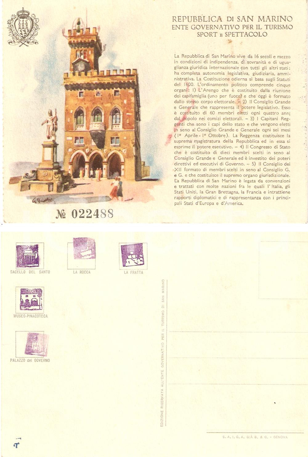 Cartolina originale da collezione 1956 REPUBBLICA SAN MARINO Palazzo del Governo Cartolina ILLUSTRATA FG NV 1