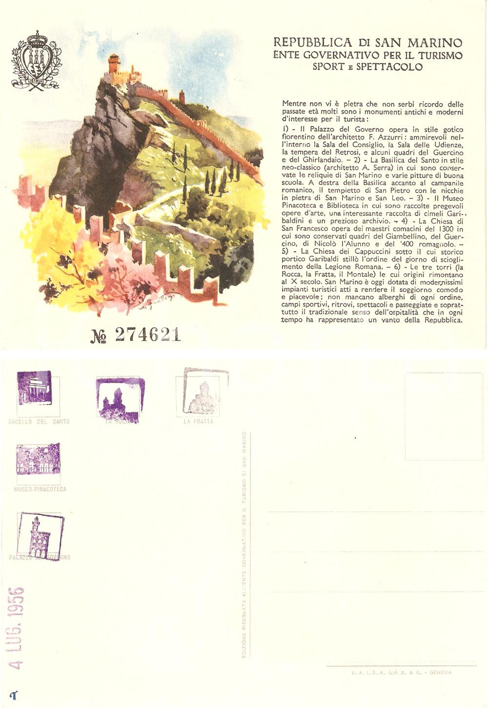 Cartolina originale da collezione 1956 REPUBBLICA SAN MARINO La Rocca  Cartolina ILLUSTRATA 1