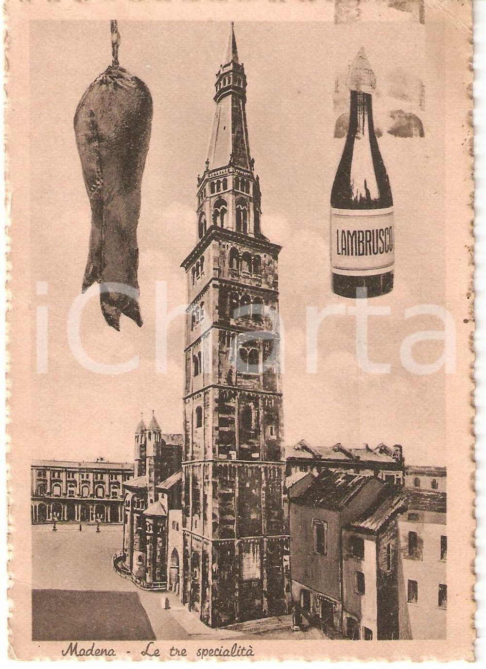 Cartolina originale da collezione 1942 MODENA Zampone lambrusco e TORRE GHIRLANDINA *Cartolina FG VG 1