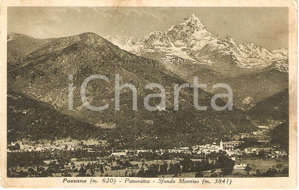 Cartolina originale da collezione 1938 PAESANA (CN) Panorama con MONVISO *Cartolina FP VG 1