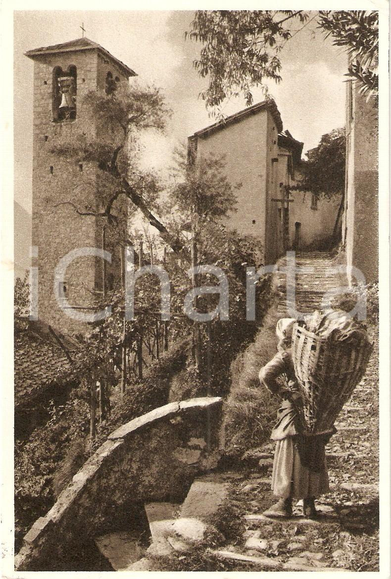 Cartolina originale da collezione 1948 LUGANO Frazione GANDRIA Anziana con gerla guarda Chiesa SAN VIGILIO *FG 1