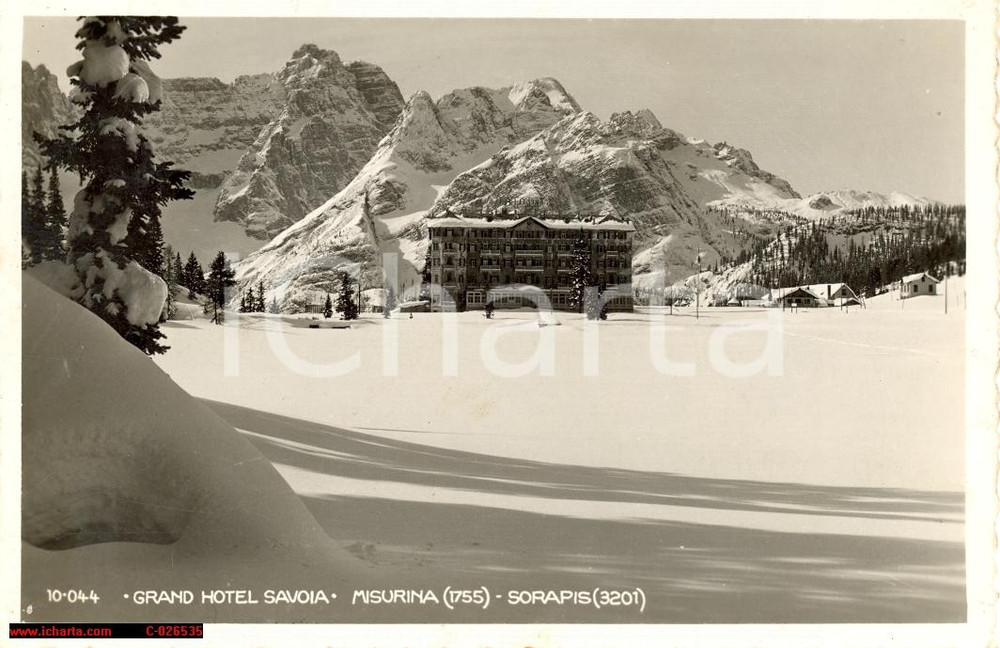 Cartolina originale da collezione 1938 BELLUNO GRAND HOTEL SAVOIA con CADINI di MISURINA e SORAPIS Cartolina FP VG 1