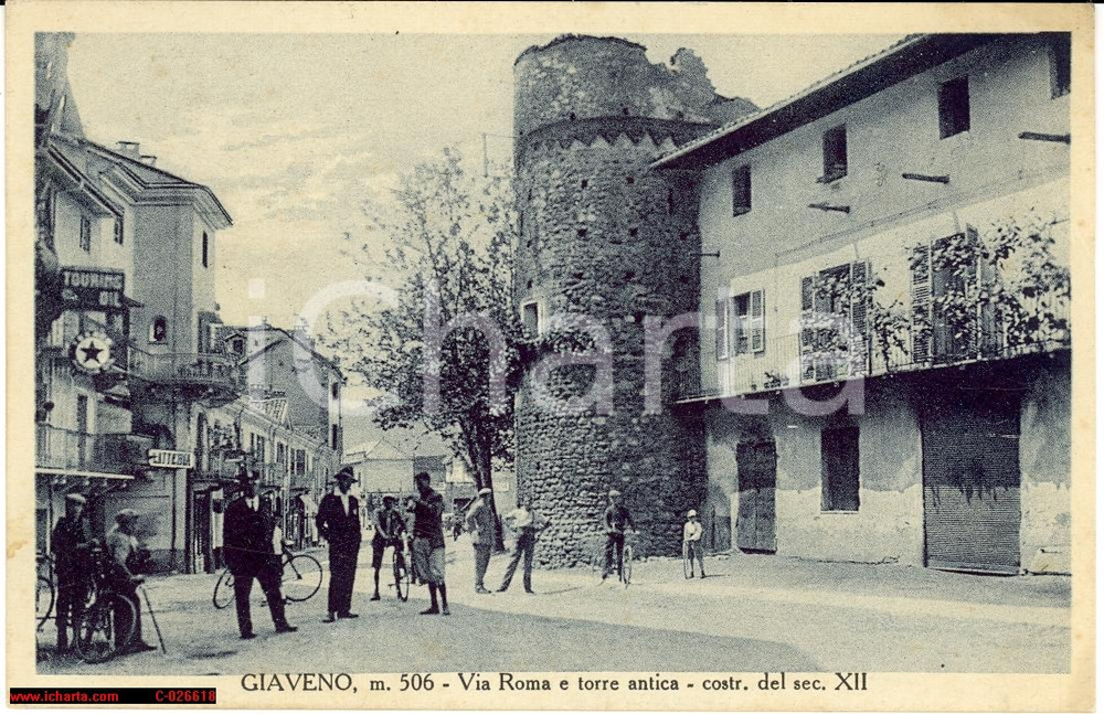 Cartolina originale da collezione 1938 Giaveno Val Sangone Via Roma Animata e bici 1