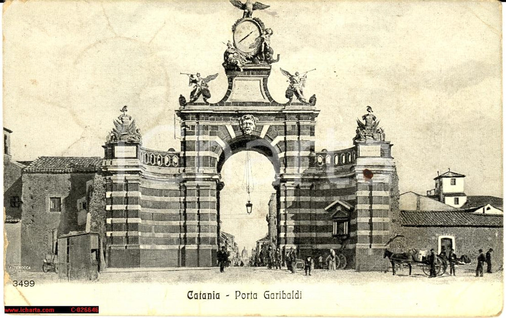Cartolina originale da collezione 1913 Catania Porta Garibaldi *Animata con carretto 1
