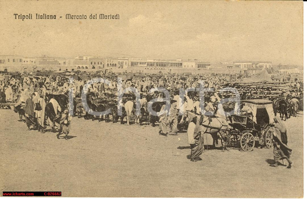 Cartolina originale da collezione 1912 Libia - Tripoli Italiana *Mercato del MartedÃ¬ 1