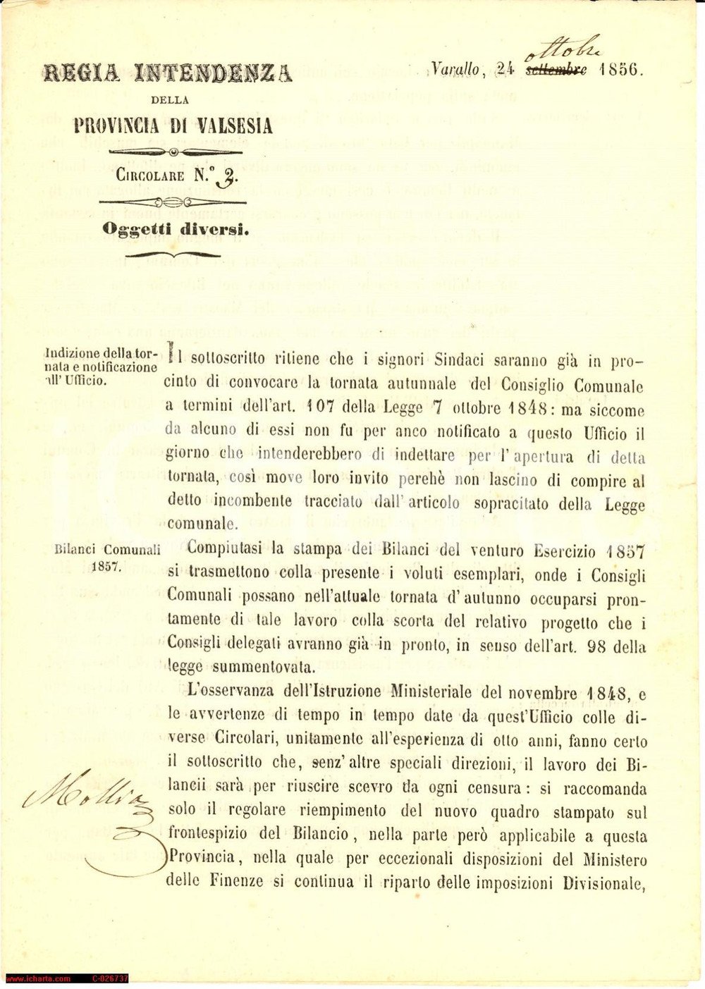 Documento originale, autentico 1856 VARALLO SESIA VC Regia Intendenza  Stipendi insegnanti e levatrici 1