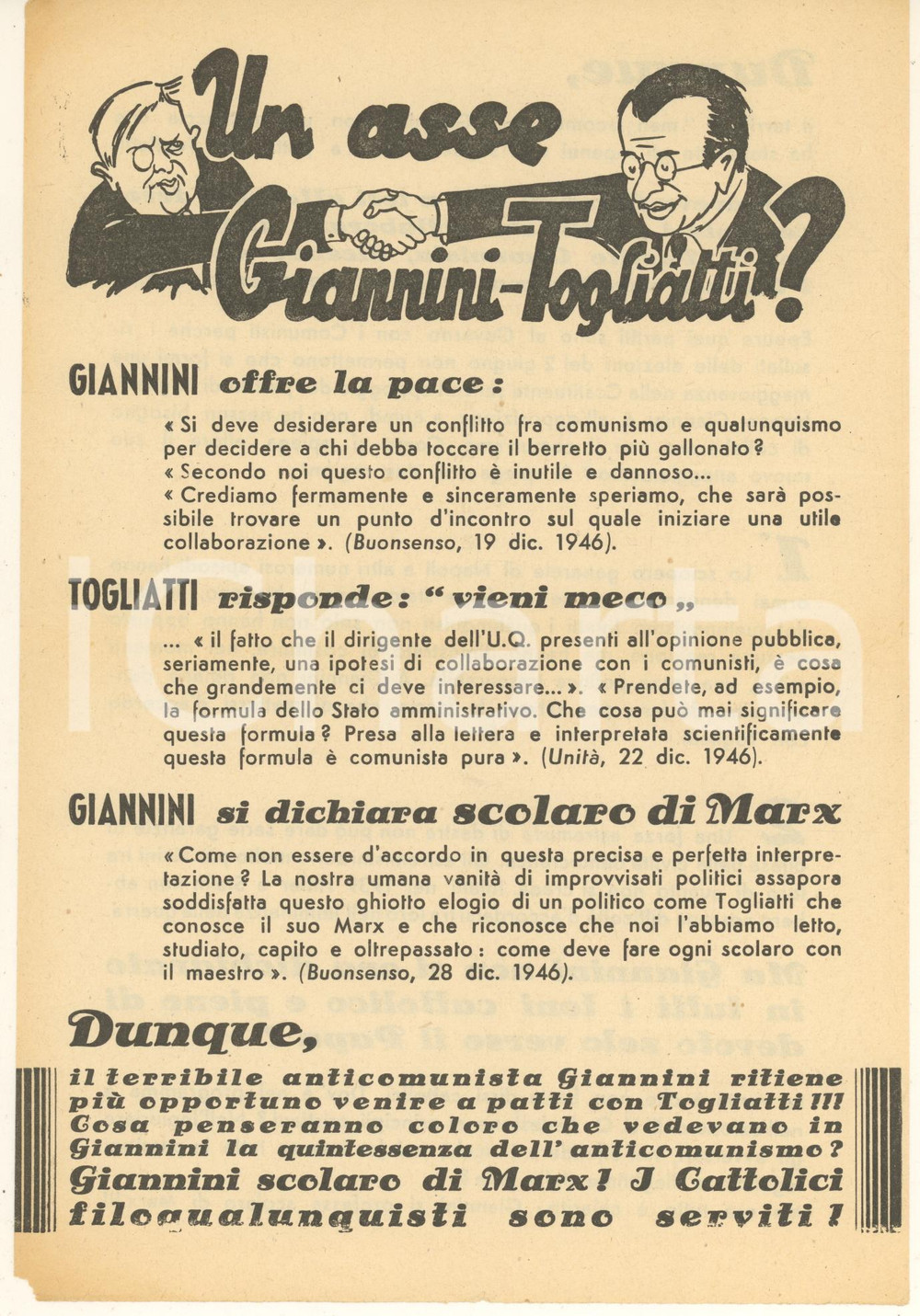 Materiale pubblicitario d’epoca 1946 PROPAGANDA ANTICOMUNISTA Un asse Giannini  Togliatti? Volantino 1