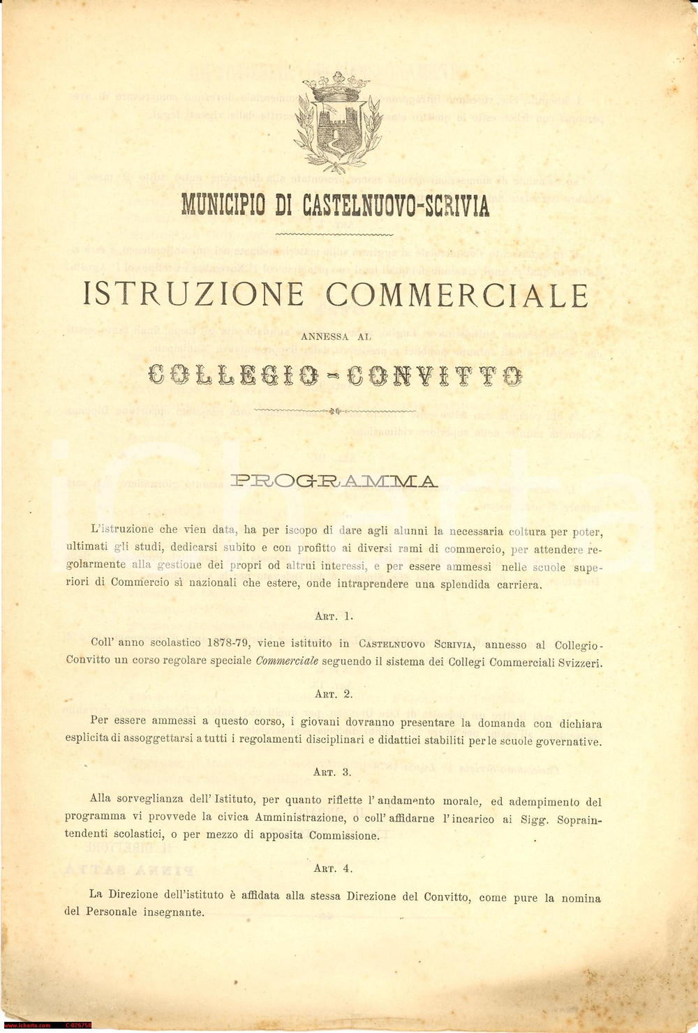 Documento originale, autentico 1878 CASTELNUOVO SCRIVIA Collegio Convitto  Programma Istruzione Commerciale 1