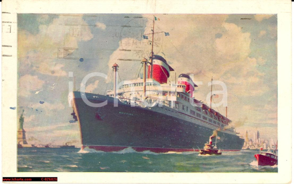 Cartolina originale da collezione 1953 SS America, liner, painted in New York, illustrata 1