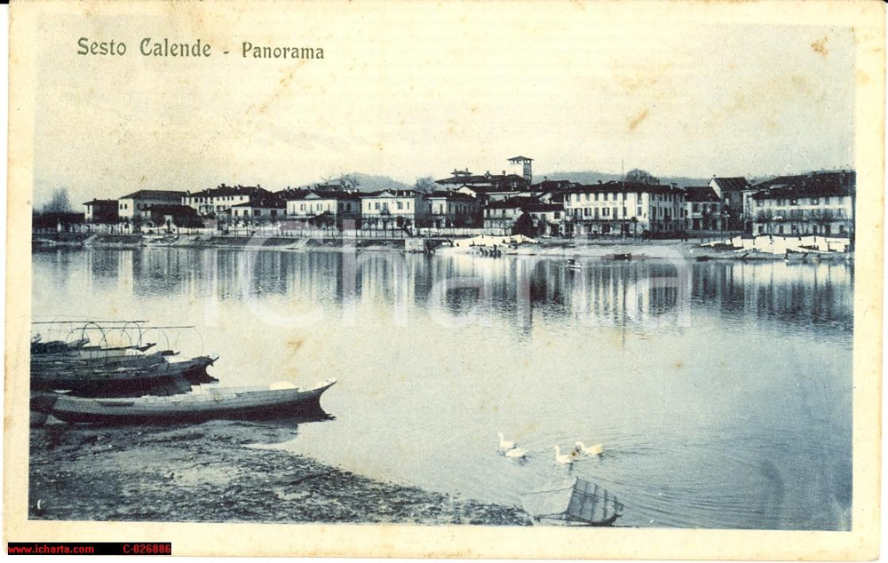 Cartolina originale da collezione 1923 SESTO CALENDE (VA) Veduta animata anatre FP VG 1