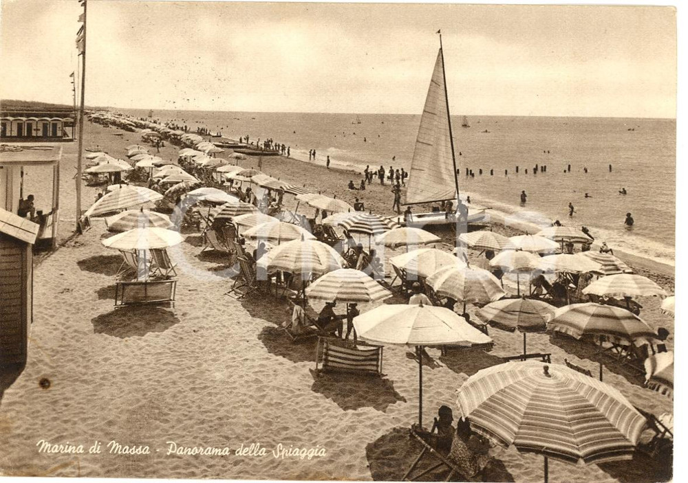 Cartolina originale da collezione 1951 MARINA DI MASSA (MS) Veduta della spiaggia ANIMATA 1