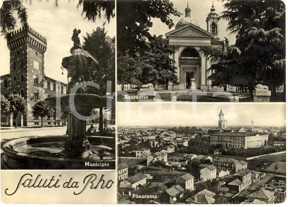 Cartolina originale da collezione 1960 circa RHO (MI) Vedutine Saluti da RHO Municipio FG 1