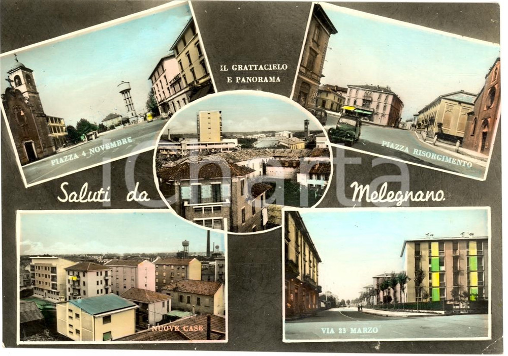 Cartolina originale da collezione 1960 MELEGNANO (MI) Vedutine Saluti da MELEGNANO FG VG 1