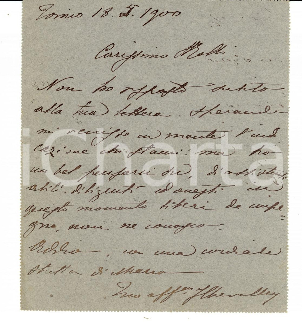 Autografo originale 1900 TORINO Ing. Giovanni CHEVALLEY non conosce assistenti onesti AUTOGRAFO 1