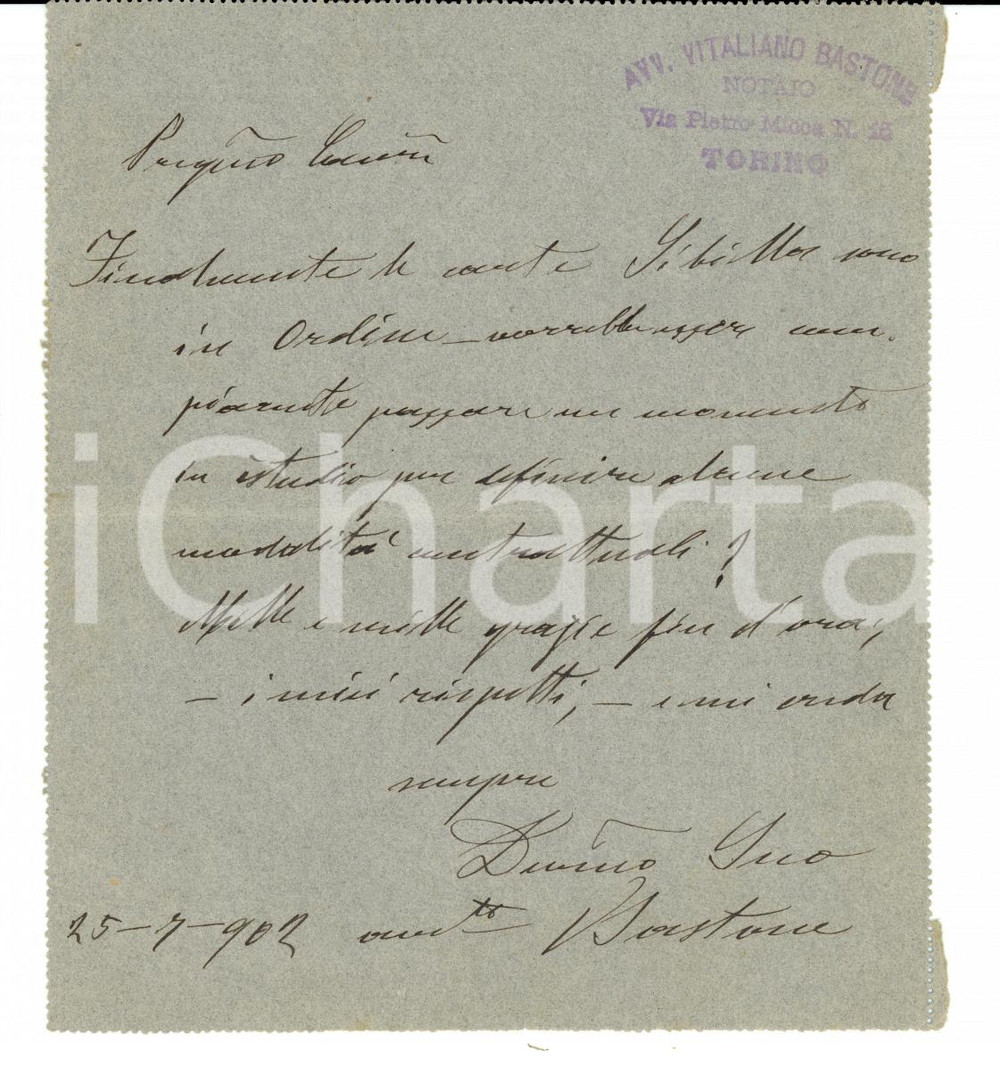 Autografo originale 1902 TORINO Avv. Vitaliano BASTONE invita l'ing. Stefano MOLLI 1