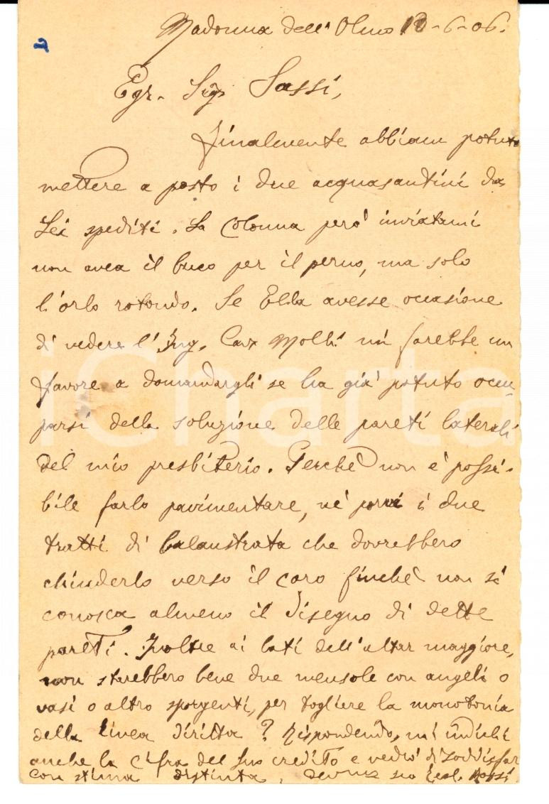 Autografo originale 1906 MADONNA DELL OLMO CN Don Vittorio ROSSI su restauri santuario AUTOGRAFO 1