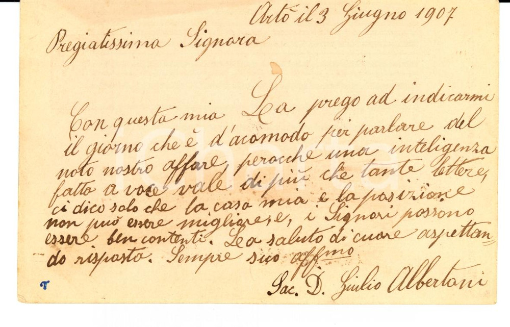 Manoscritto, lettera originale 1907 ARTO' (VB) Don Giulio ALBERTONI a nobile Maria BONOLA FP VG 1