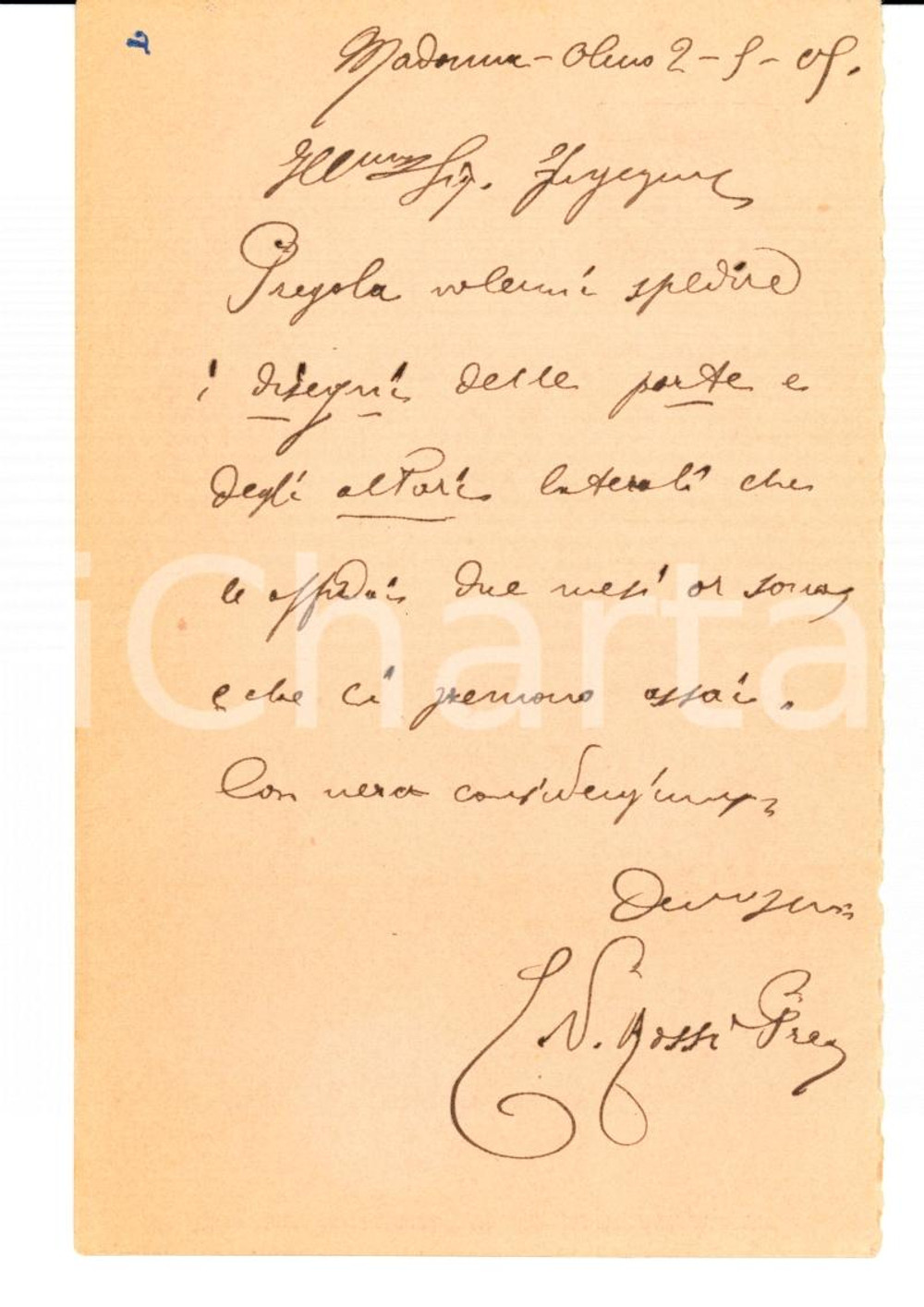Autografo originale 1905 MADONNA DELL'OLMO (CN) Don Vittorio ROSSI all'ing. Stefano MOLLI Autografo 1
