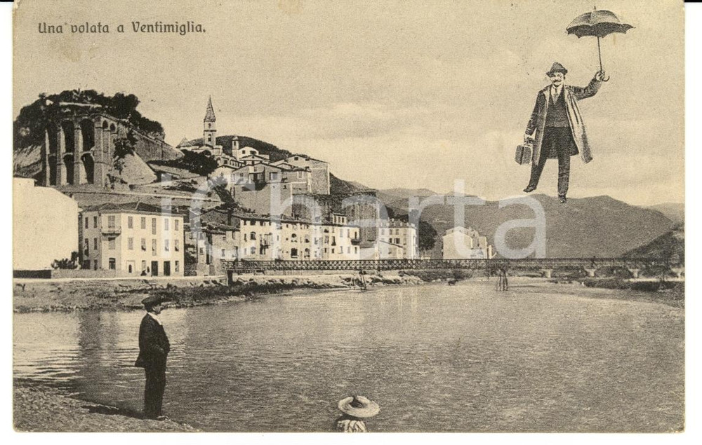 Cartolina originale da collezione 1932 VENTIMIGLIA (IM) Uomo vola sulla spiaggia *Cartolina FP VG 1
