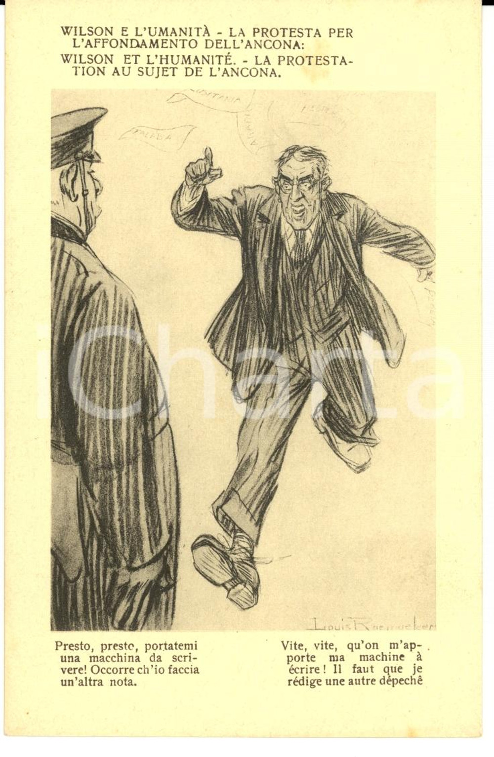 Cartolina originale da collezione 1917 WW1 SATIRA DI GUERRA Wilson e l'affondamento dell'ANCONA *Cartolina FP NV 1