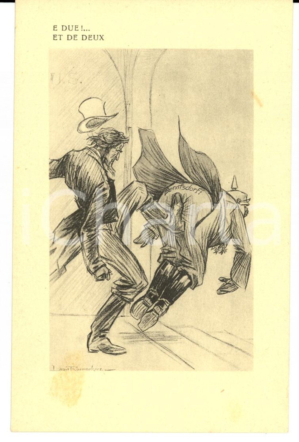 Cartolina originale da collezione 1917 WW1 SATIRA DI GUERRA E due!! Lo zio Sam prende a calci la Prussia FP NV 1