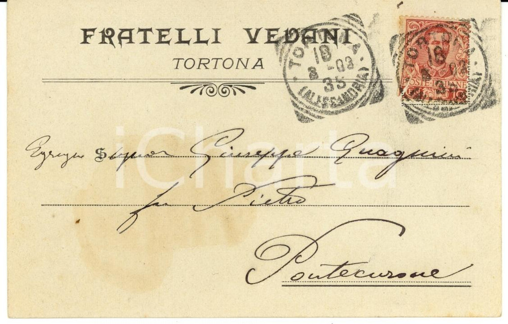 Documento originale, autentico 1903 TORTONA (AL) Fratelli VEDANI Vendita closet *Cartolina intestata FP VG 1