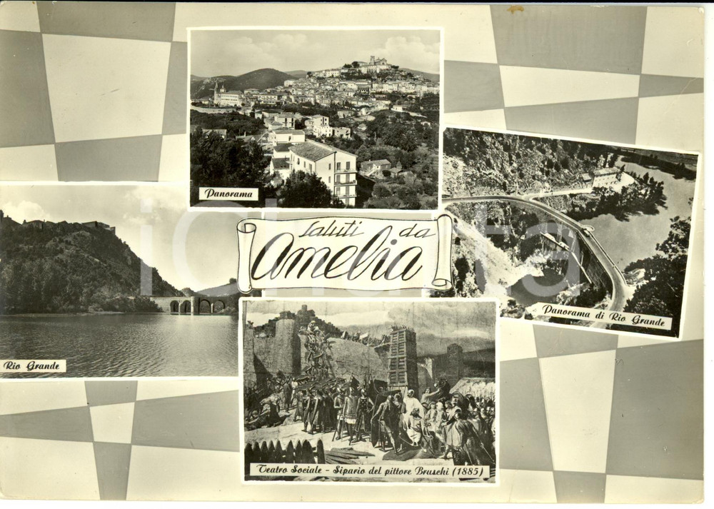 Cartolina originale da collezione 1960 AMELIA (TR) Vedutine con RIO GRANDE e teatro *Cartolina postale FG VG 1