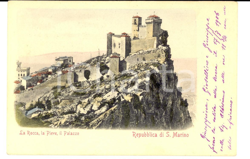 Cartolina originale da collezione 1906 Repubblica di SAN MARINO La Rocca, la Pieve, il Palazzo Cartolina FP NV 1