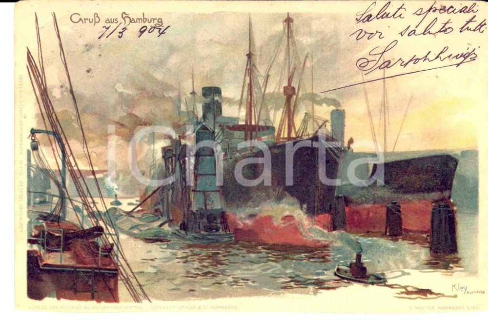 Cartolina originale da collezione 1904 HAMBURG D Navi al porto Ill. Heinrich KLEY Cartolina FP VG 1