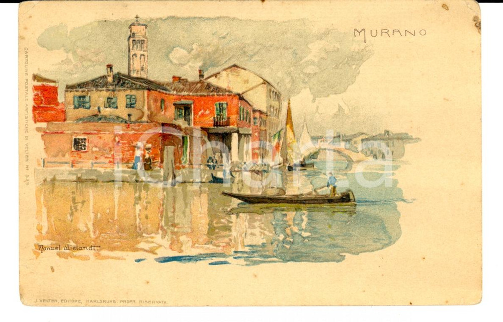 Cartolina originale da collezione 1900 ca VENEZIA MURANO Veduta con gondola e tricolore Ill. Manuel WIELANDT FP NV 1
