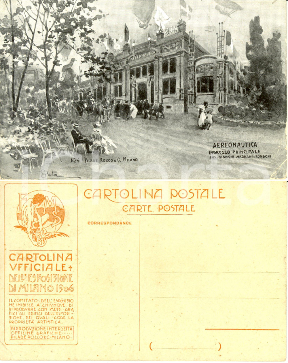 Cartolina originale da collezione 1906 EXPO MILANO Padiglione Aereonautica - Ing. BIANCHI MAGNANI & RONDONI 1