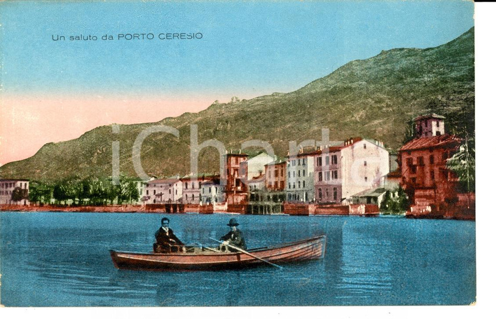 Cartolina originale da collezione 1920 ca PORTO CERESIO VA Veduta dal lago con uomini in barca Cartolina FP NV 1