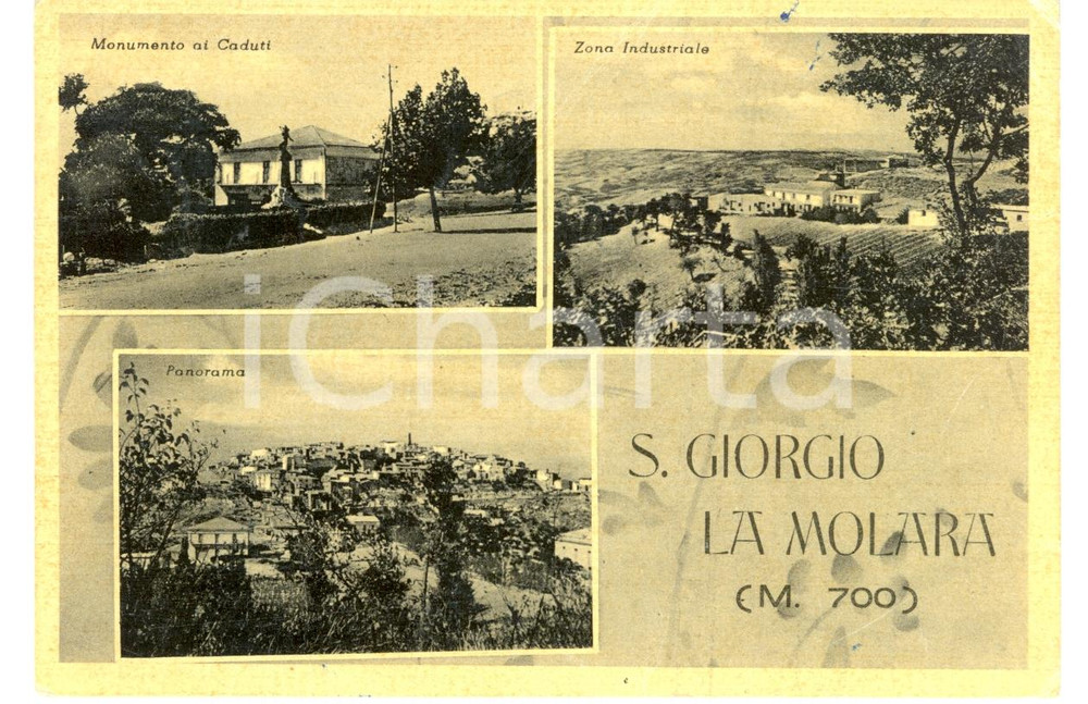 Cartolina originale da collezione 1958 SAN GIORGIO LA MOLARA BN Vedutine con monumento Caduti Cartolina FG VG 1