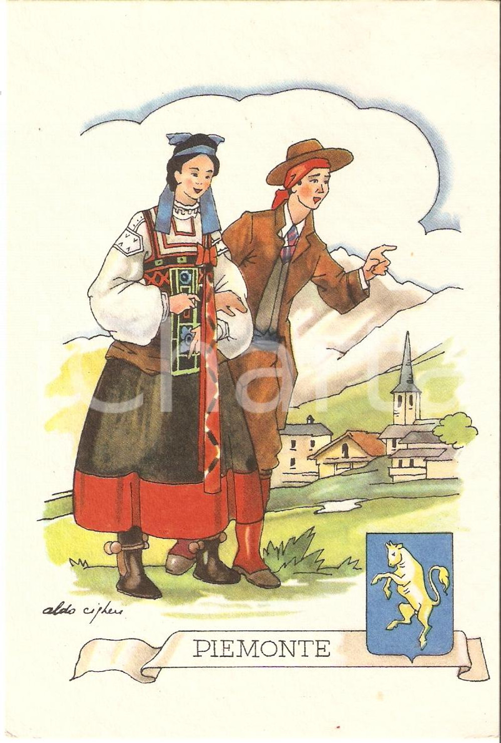 Cartolina originale da collezione 1950 PIEMONTE Costumi regionali Ill. ALDO CIGHERI *Cartolina postale (1) 1