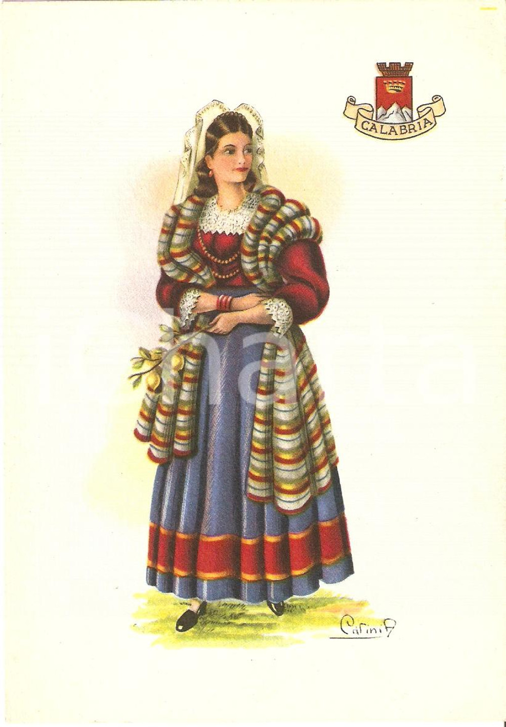 Cartolina originale da collezione 1950 ca CALABRIA Costumi regionali Ill. A. CARINI *Cartolina postale FG NV 1