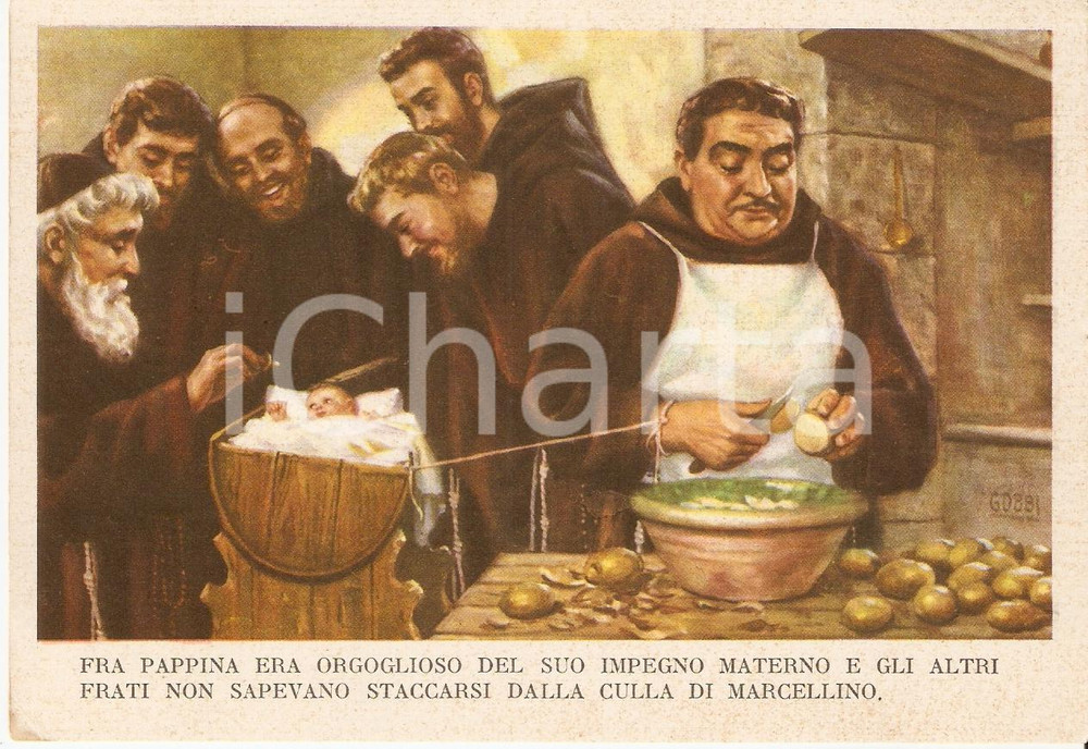 Cartolina originale da collezione 1955 MARCELLINO PANE E VINO Ill. Dario Gobbi FRATI ORGOGLIOSI DAVANTI CULLA FG 1