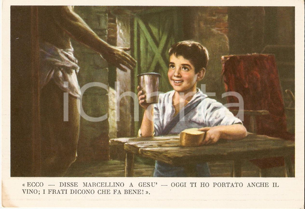 Cartolina originale da collezione 1955 MARCELLINO PANE E VINO ill. Dario Gobbi FRATI DICONO CHE IL VINO FA BENE FG 1