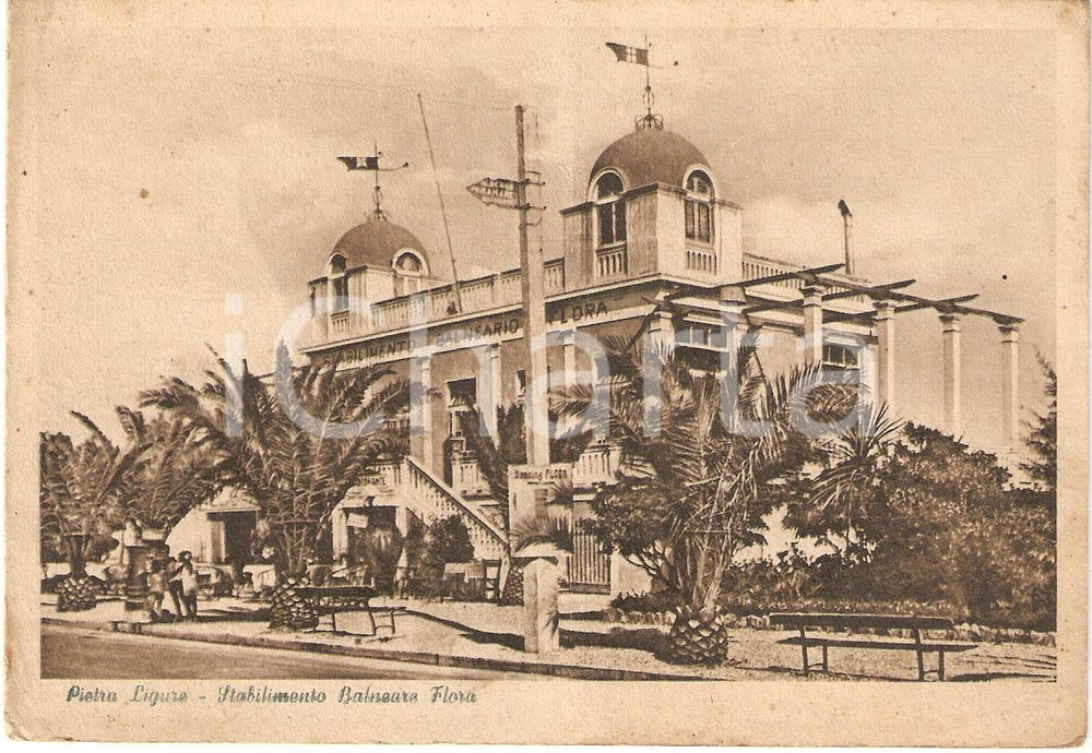Cartolina originale da collezione 1945 PIETRA LIGURE SV Stabilimento Balneare FLORA Cartolina animata FG VG 1