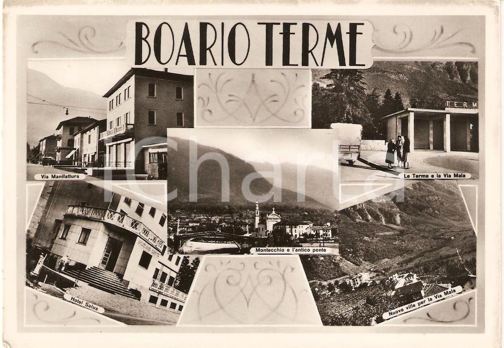 Cartolina originale da collezione 1956 BOARIO TERME Vedutine HOTEL SALUS Via Manifattura MONTECCHIO FG VG 1