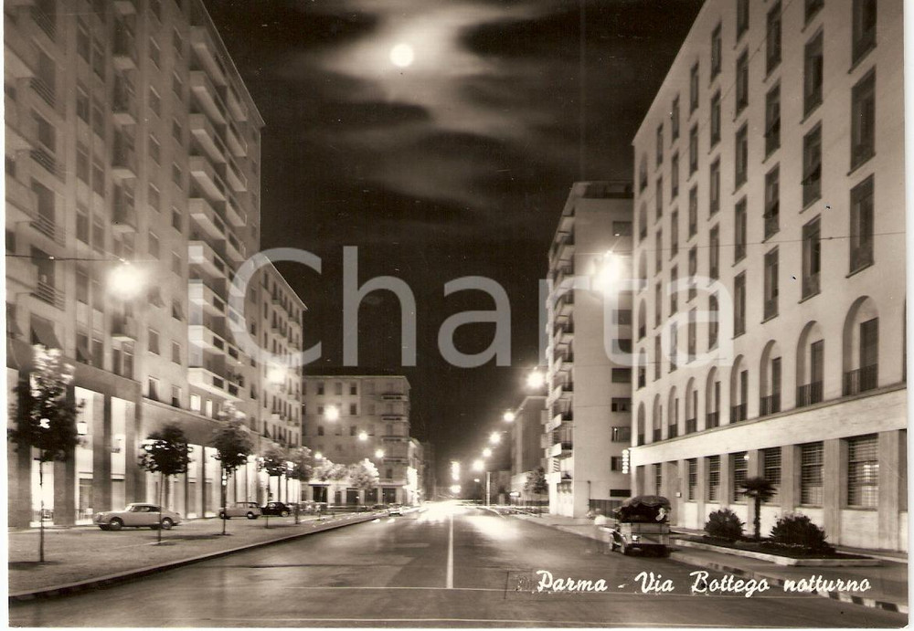Cartolina originale da collezione 1965 circa PARMA Notturno VIA BOTTEGO Cartolina FG VG 1