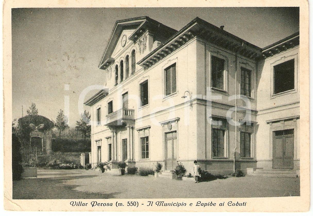 Cartolina originale da collezione 1950 VILLAR PEROSA (TO) Municipio LAPIDE AI CADUTI Cartolina animata FG VG 1