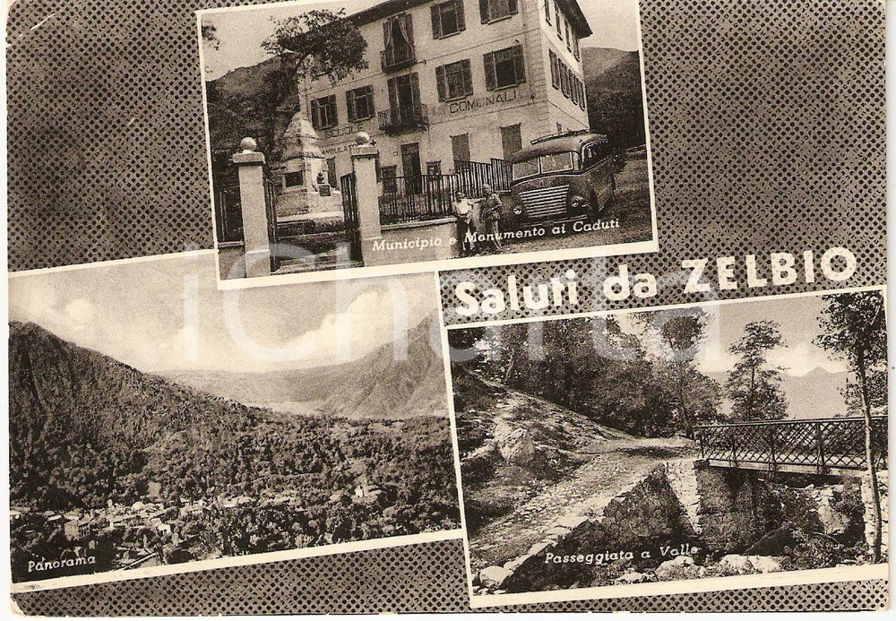 Cartolina originale da collezione 1956 ZELBIO (CO) Vedutine MONUMENTO AI CADUTI Municipio *Cartolina animata FG VG 1
