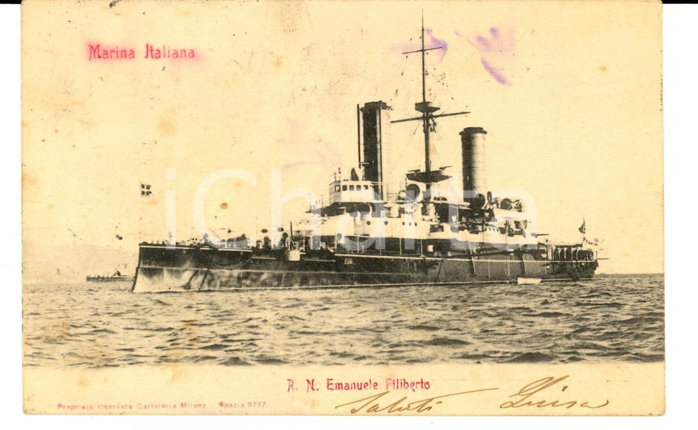 Cartolina originale da collezione 1902 MARINA ITALIANA Regia Nave EMANUELE FILIBERTO Cartolina a Fortuny RAGGIO 1