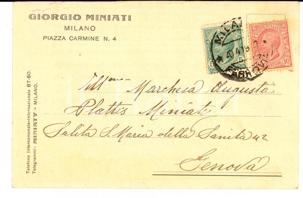 Autografo originale 1919 MILANO Giorgio MINIATI alla madre Augusta PLATTIS Autografo FP VG 1