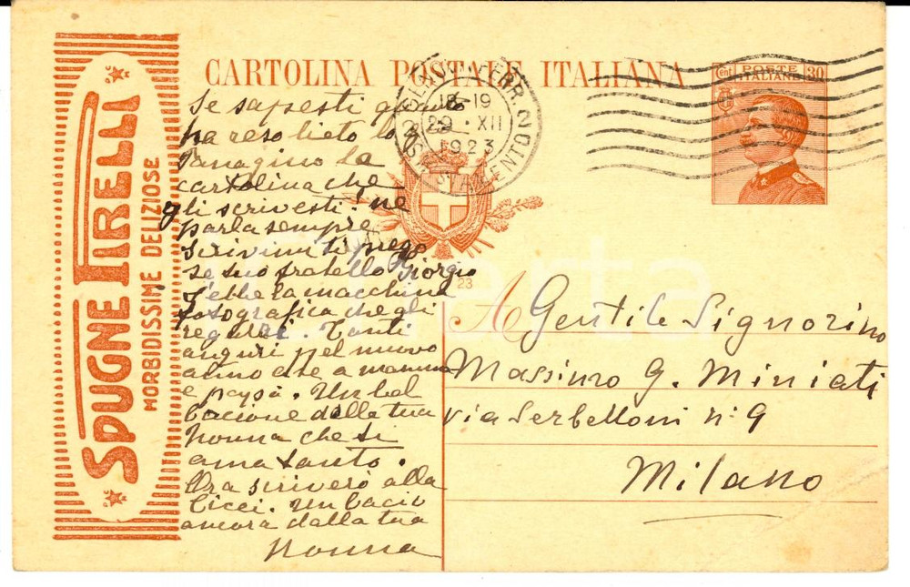 Autografo originale 1923 MILANO Marchesa Augusta PLATTIS al nipote *PubblicitÃ  SPUGNE PIRELLI 1