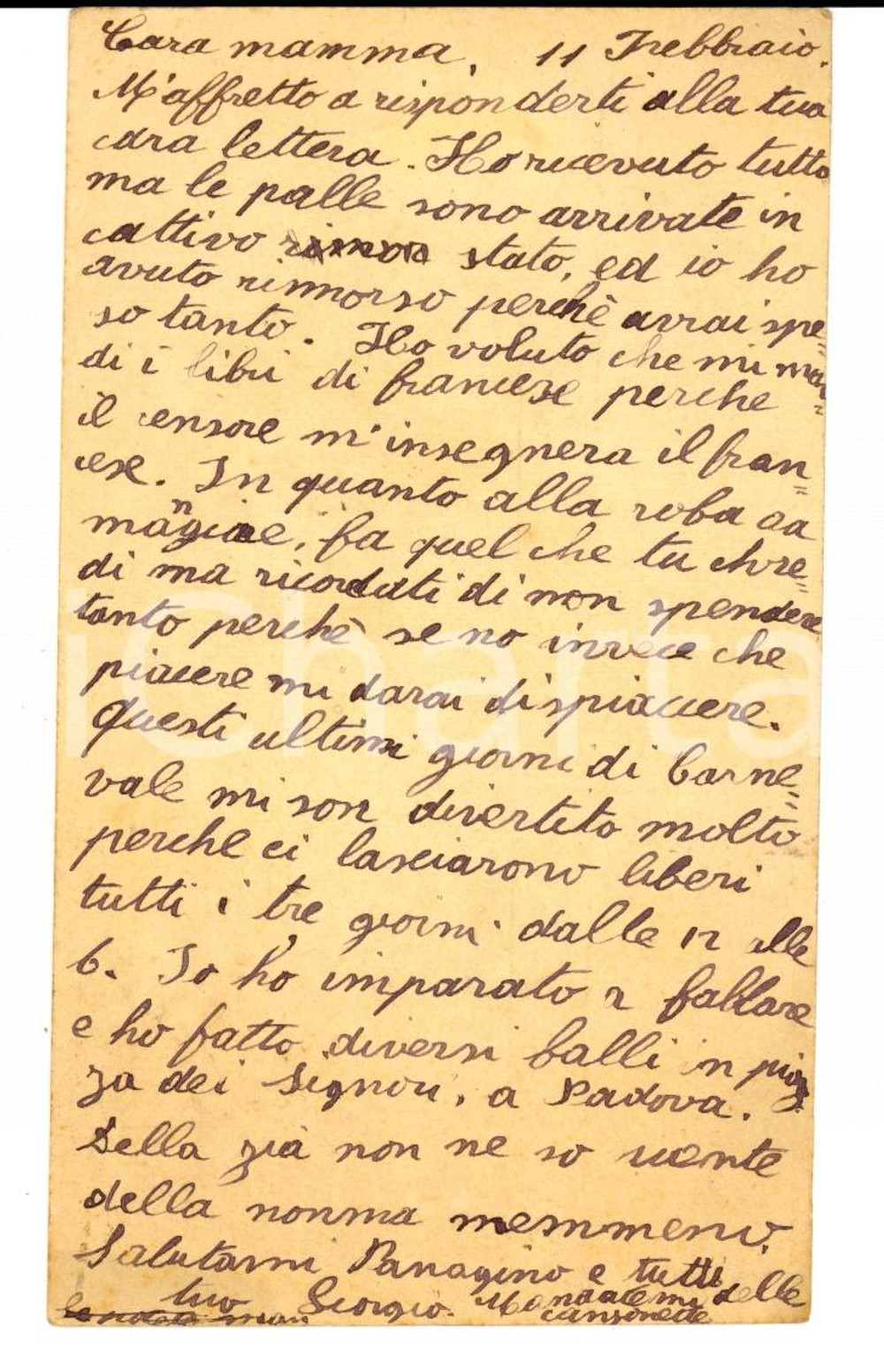 Autografo originale 1918 PADOVA Giovane conte Giorgio MINIATI impara a ballare *Autografo FP VG 1