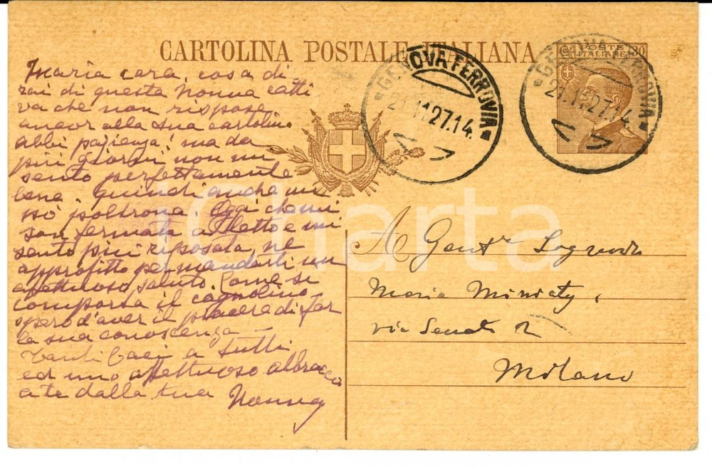 Autografo originale 1927 GENOVA Marchesa Augusta PLATTIS alla nipote Maria MINIATI *AUTOGRAFO FP VG 1